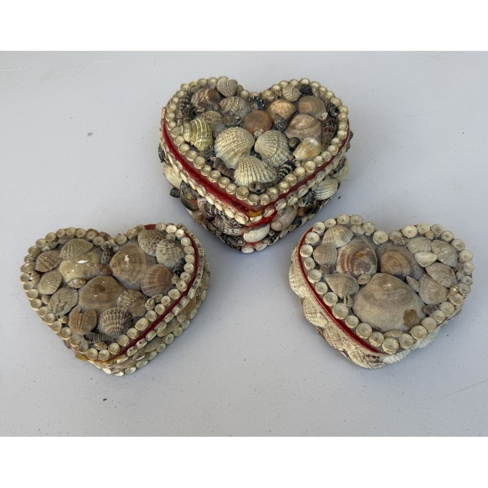Vintage Seashell Heart Trinket Boxes Set of 3 Shell Covered Red Felt Lined